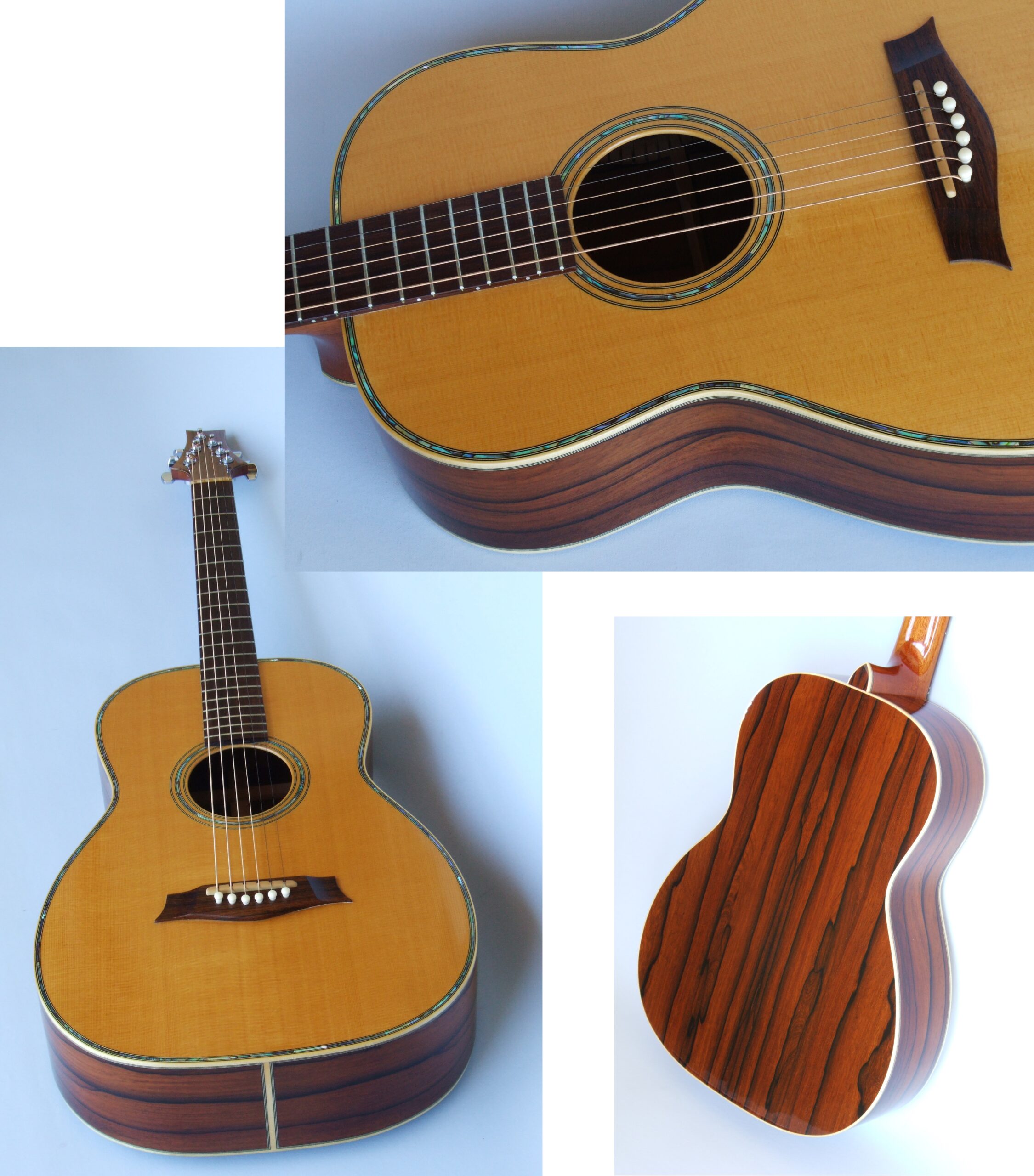 Luthier Custom guitars. 12 fret 00 sized guitar, paua purfling, Madagascar rosewood back and sides