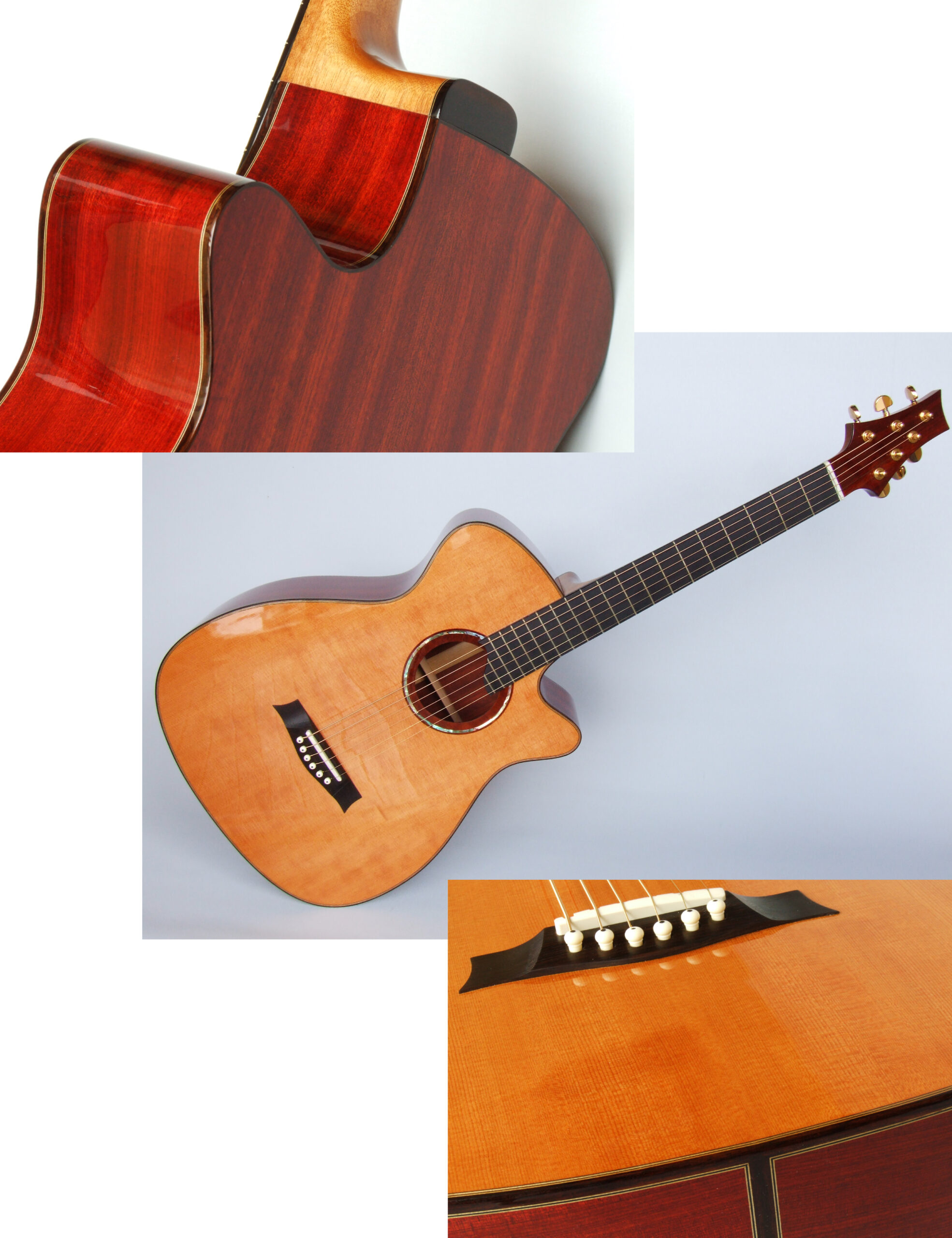 Custom guitars. Collage of red guitar, spruce top, bloodwood back and sides