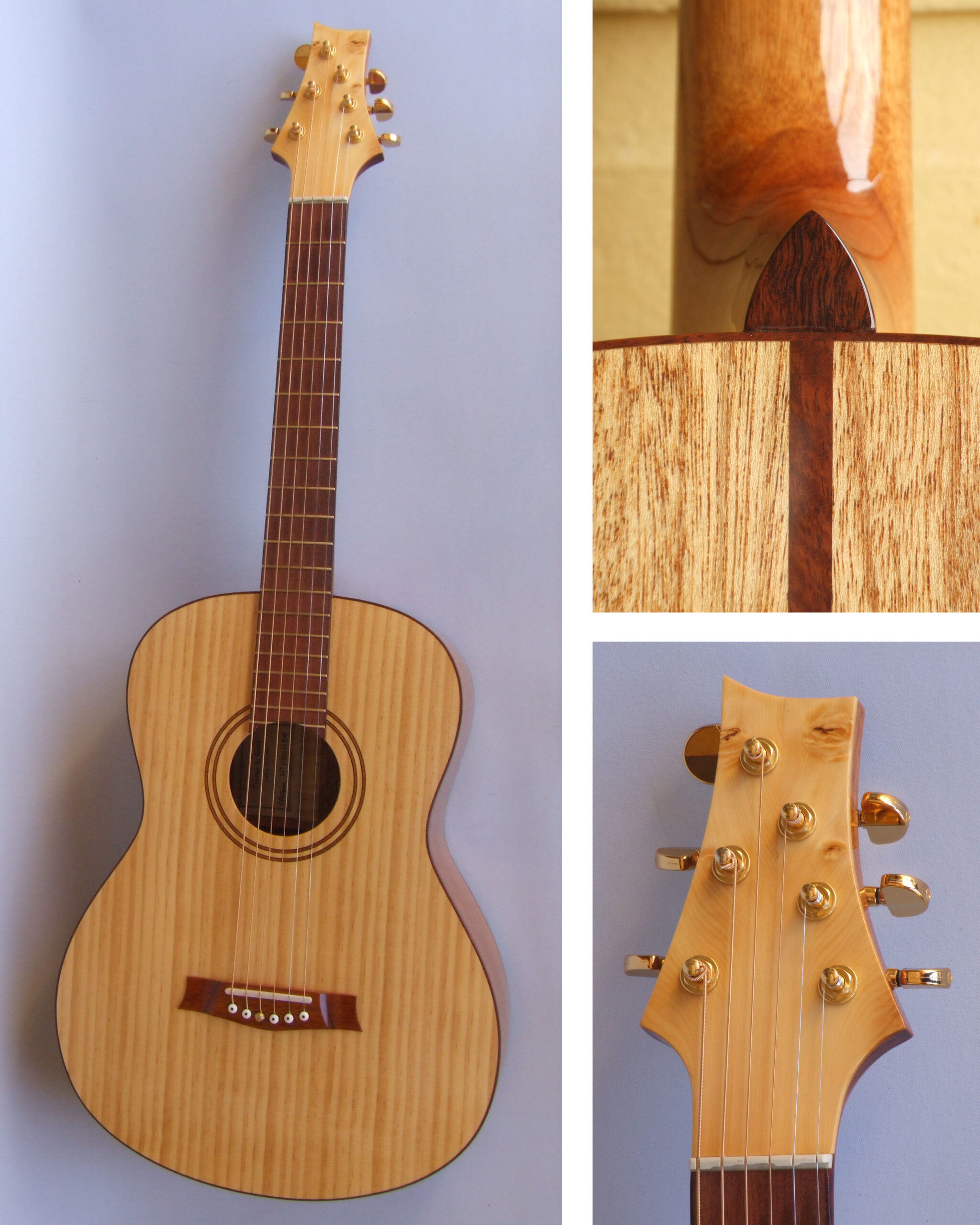 Custom guitars. Collage of The Shed guitar, showing heel, headstock and full guitar
