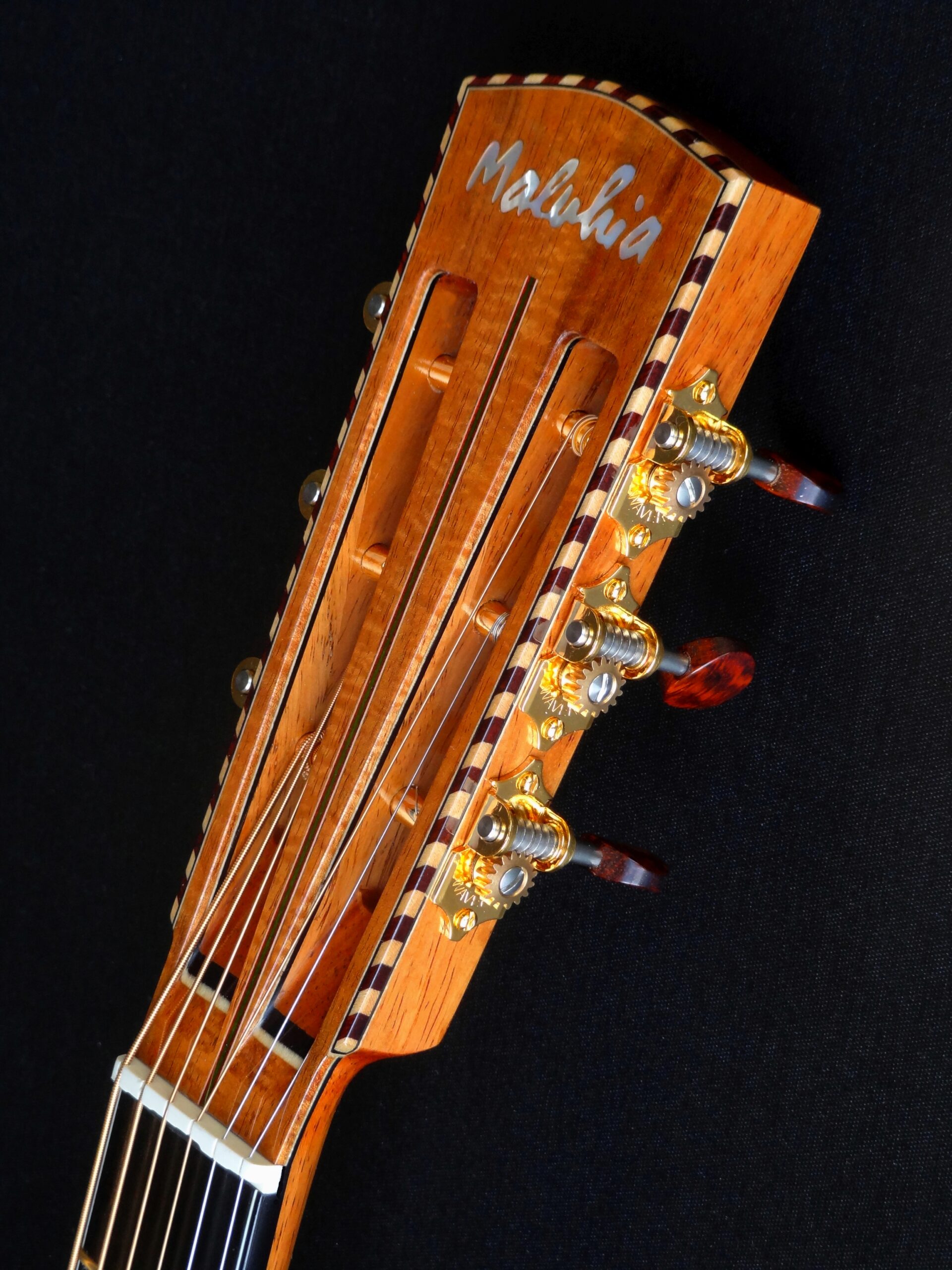 Custom guitars. Inlaid headstock of koa guitar with rope binding