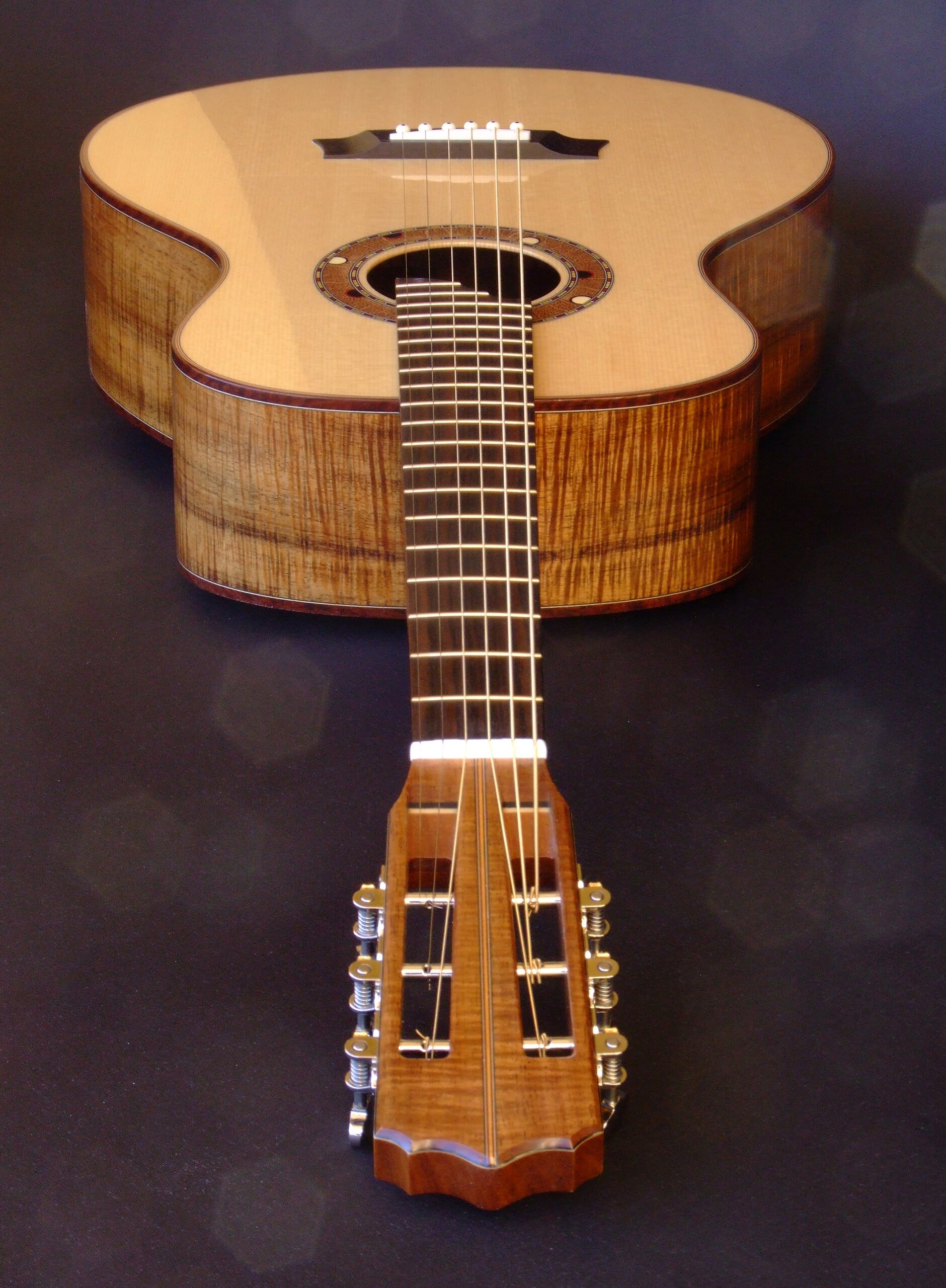 Looking down the neck of a blackwood classical guitar