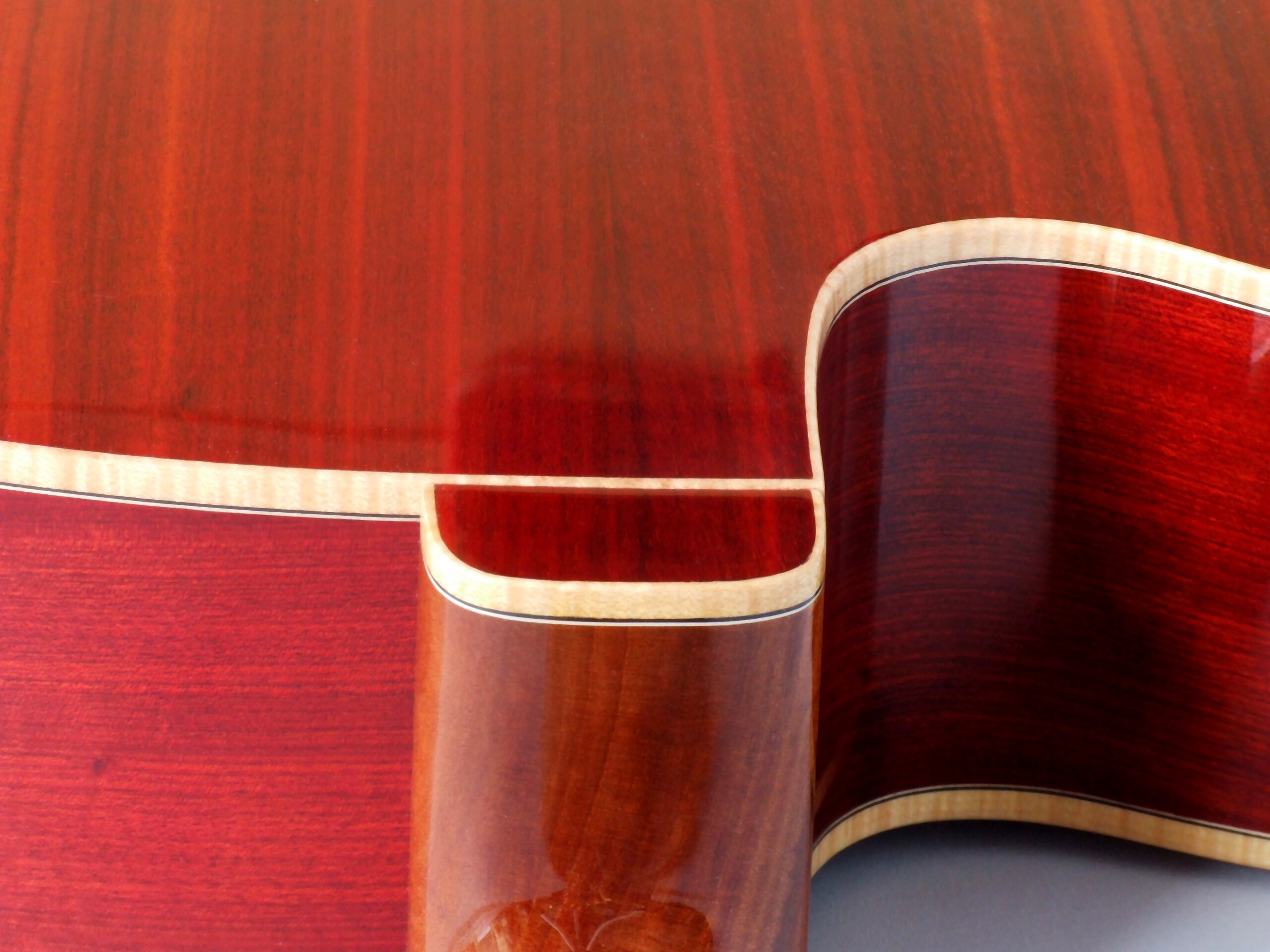 Detail of the heel cap on a bloodwood guitar with maple binding