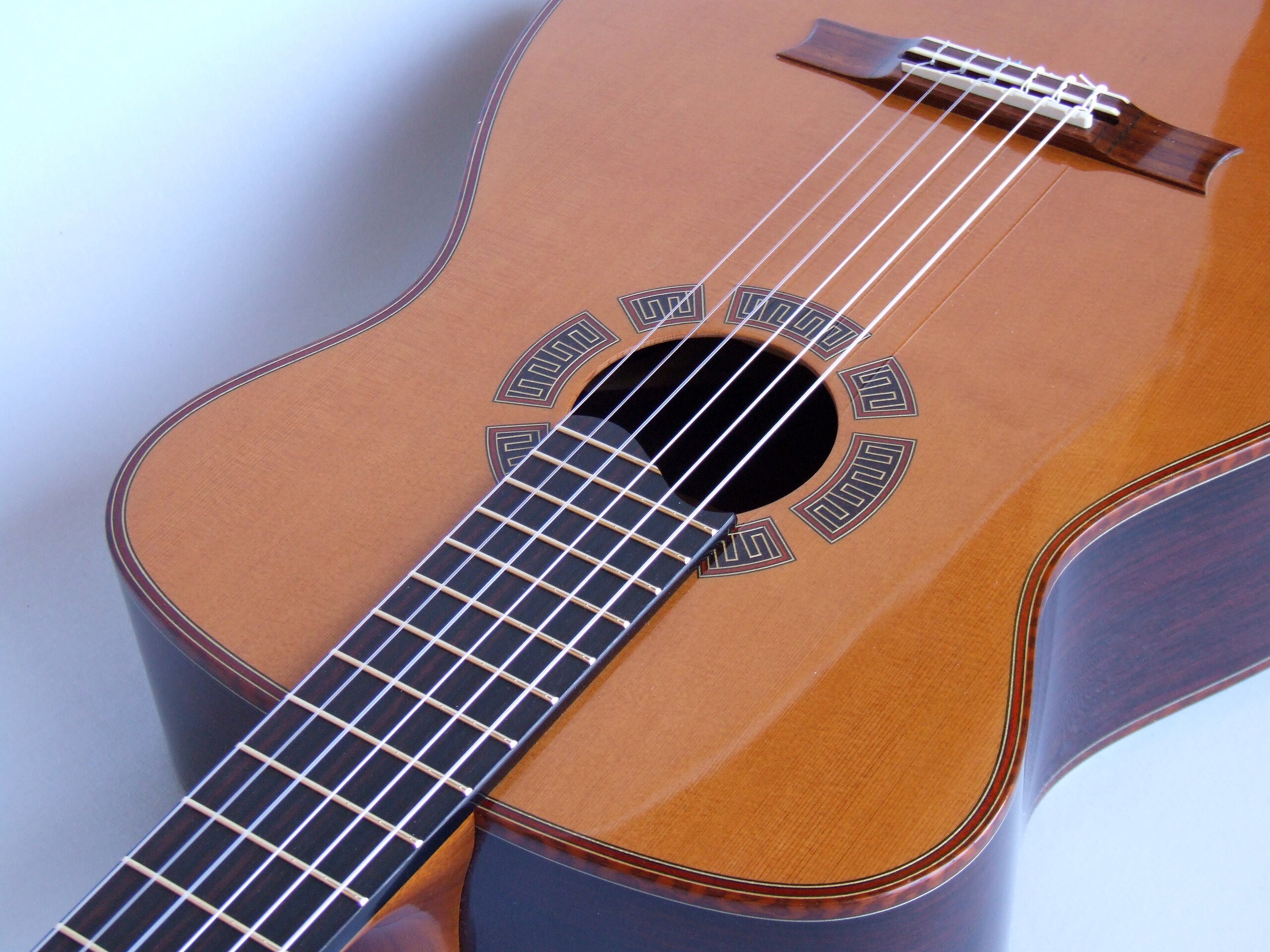 Cedar top classcial guitar with segmented rosette and snakewood bindings