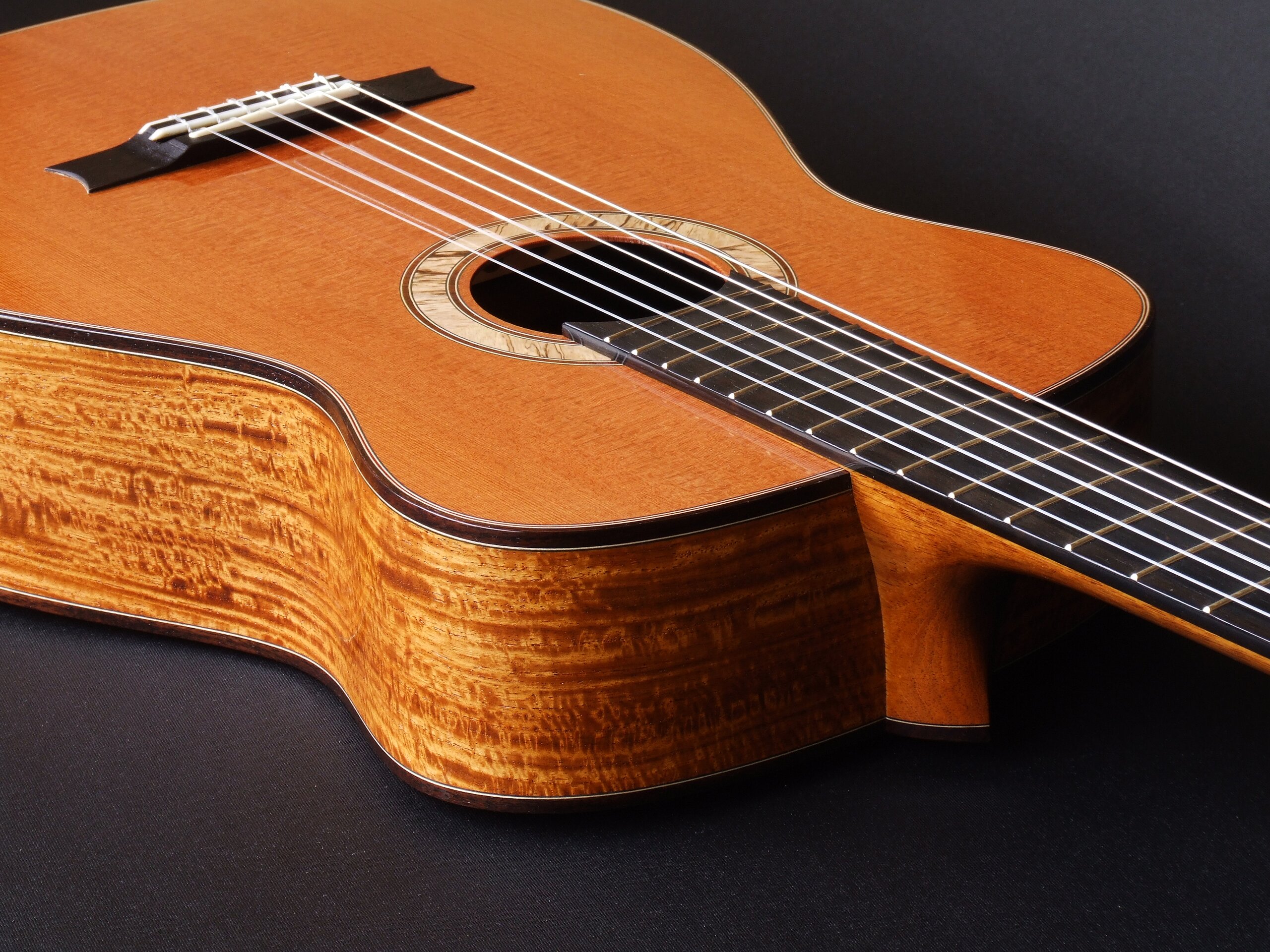 Gore redwood and New Guinea rosewood neo-classical guitar, spalted blackwood rosette