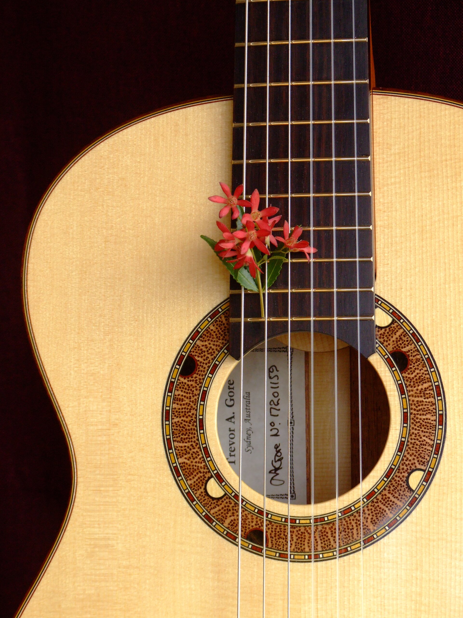Custom guitars. Australiana rosette in a spuce topped tilt-neck classical guitar with Christmas flower